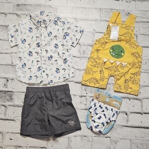Lot of Boys Summer Clothing - Button Shirt, Shorts, Overalls, & Swim Dia…